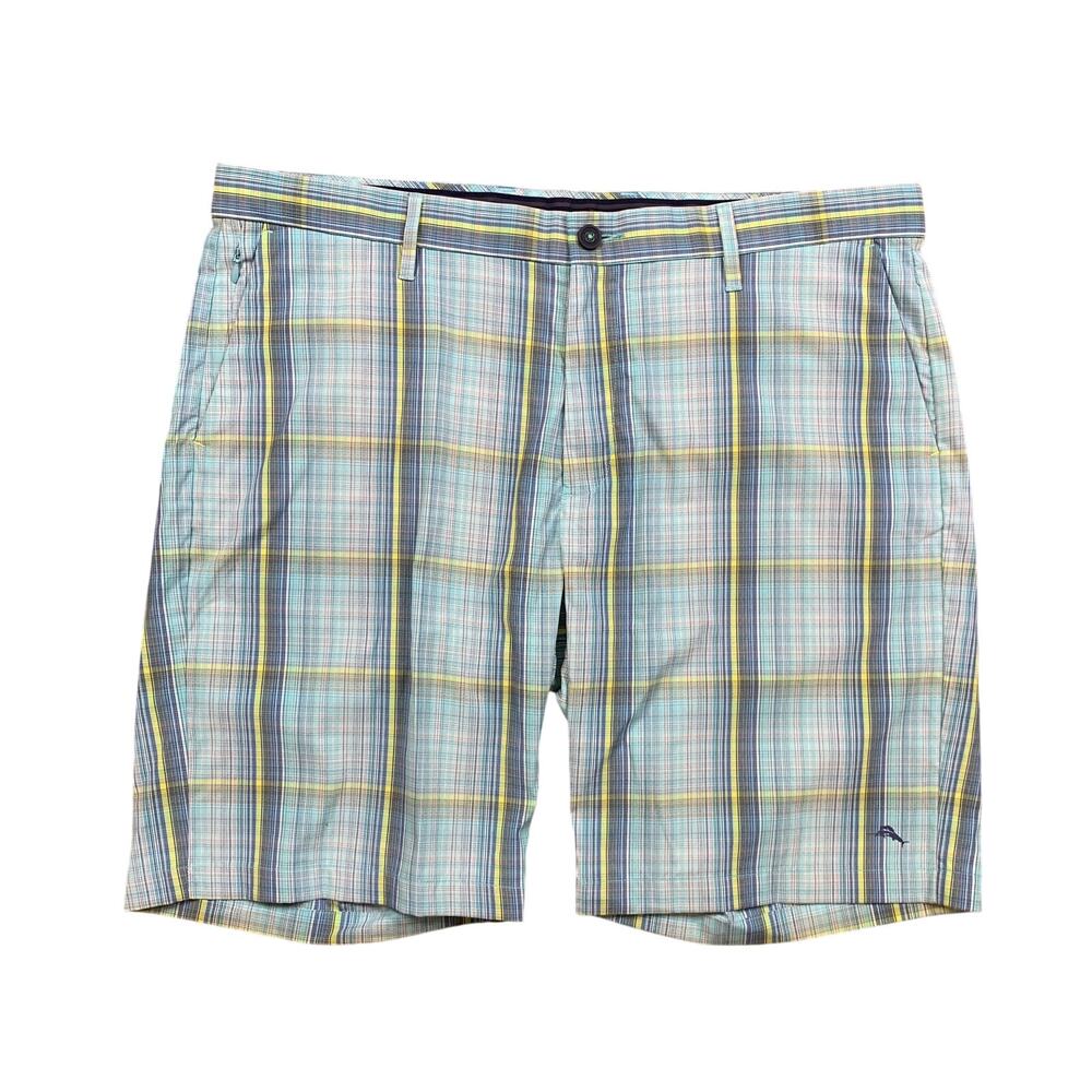 Tommy Bahama Shorts Mens 40 Sea Glass Plaid Flat Front Lightweight Performance